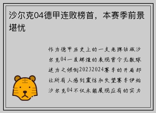 沙尔克04德甲连败榜首，本赛季前景堪忧