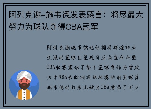 阿列克谢-施韦德发表感言：将尽最大努力为球队夺得CBA冠军